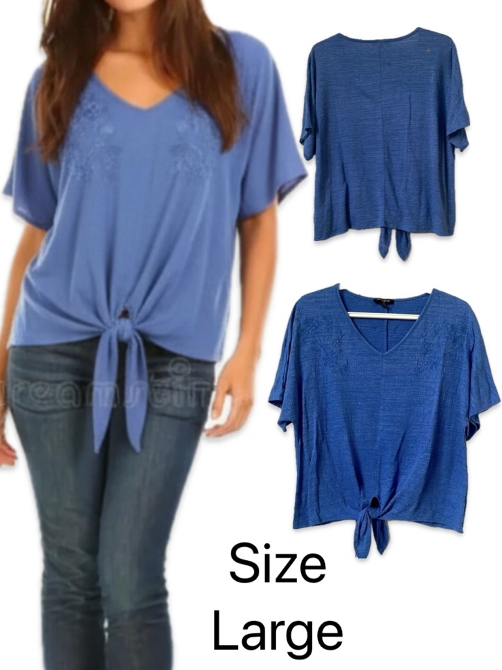Blue V Neck Tie Front Top Short Sleeve Embroidered Blouse L
